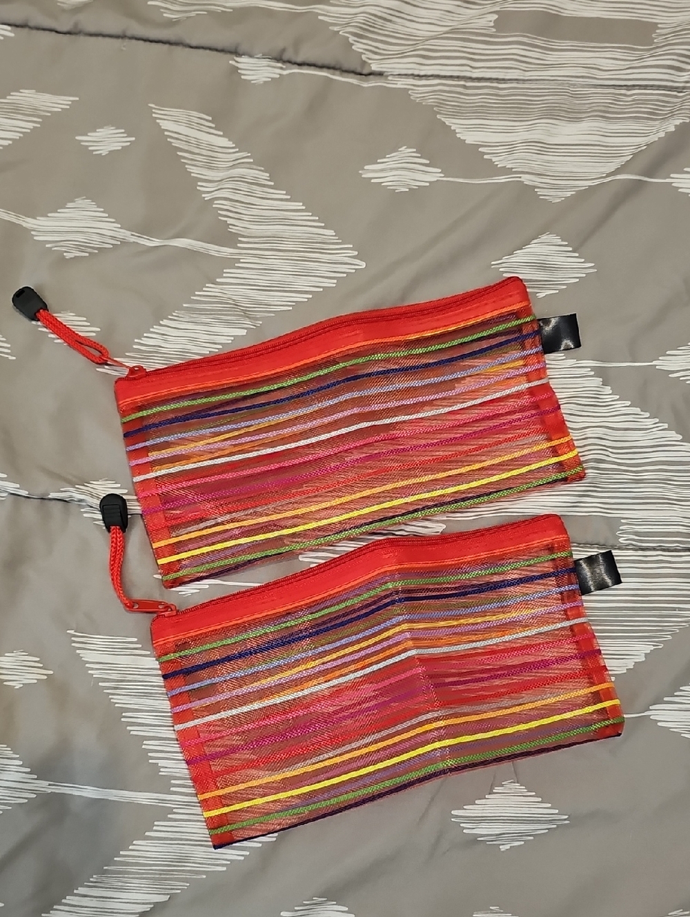 Set of Two Red Multicolor Striped Mesh Pouches